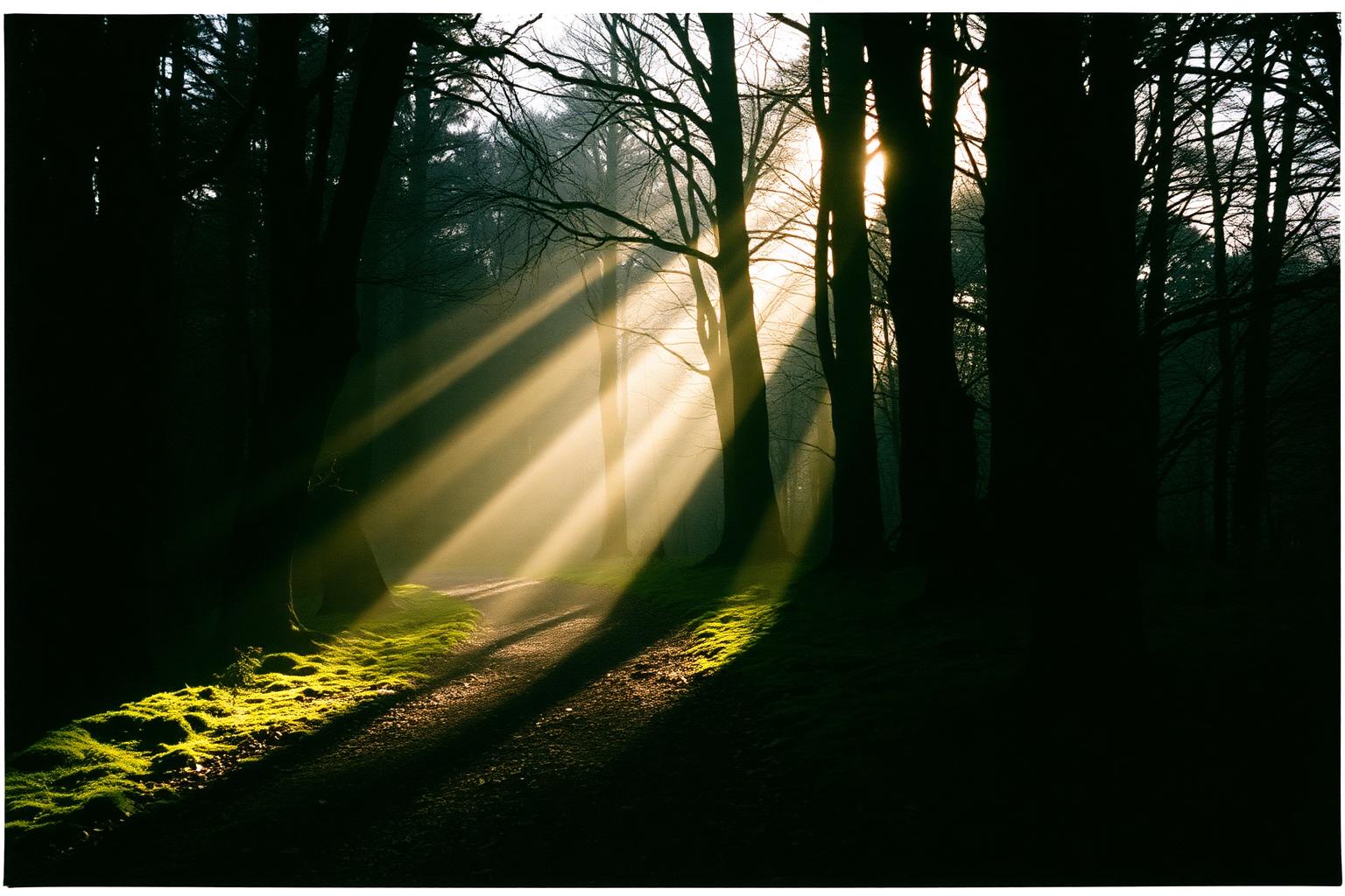 Late afternoon light falling through a dark South Wales woodland